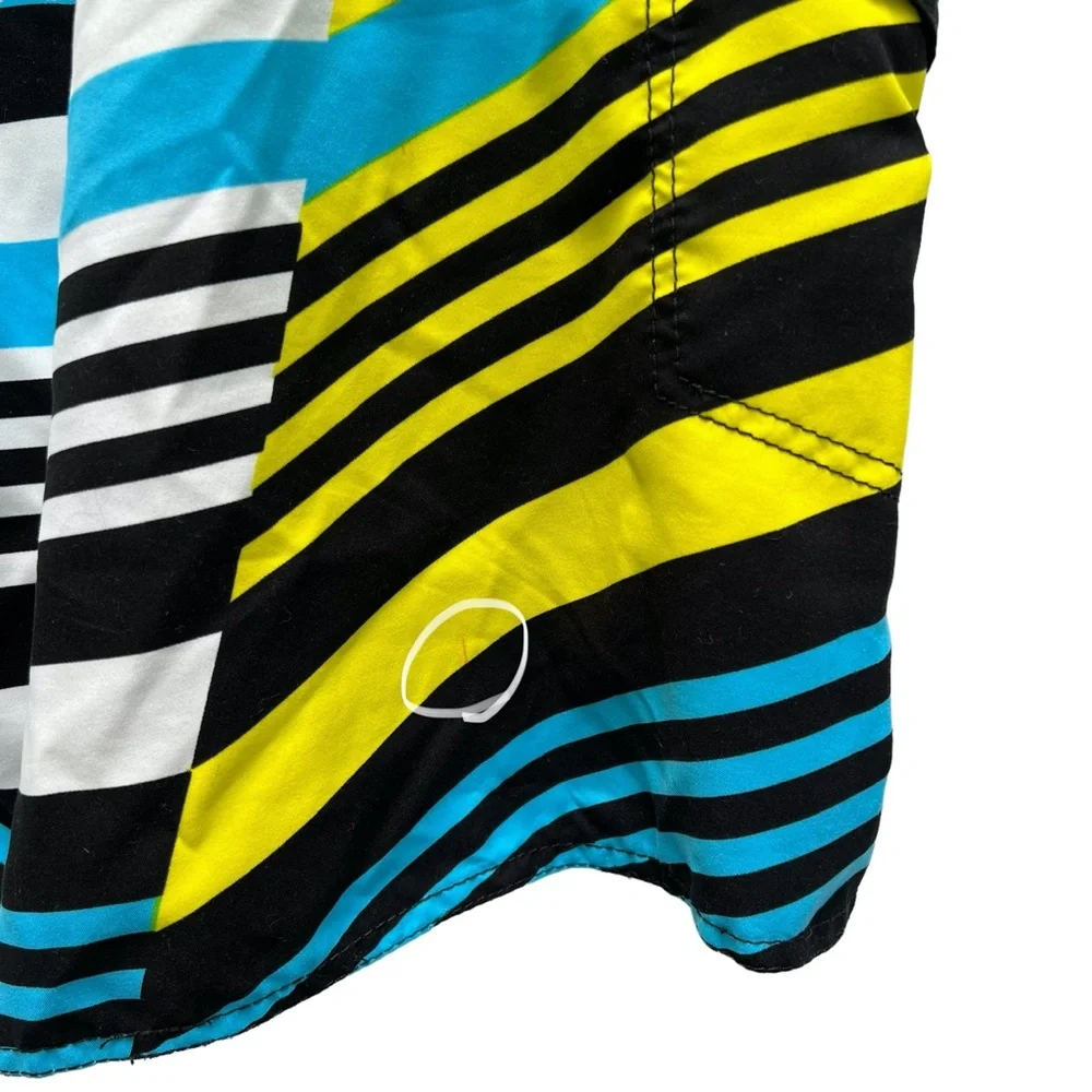 MAUI AND SONS BLUE, YELLOW, WHITE AND BLACK STRIPED BOARD SHORTS